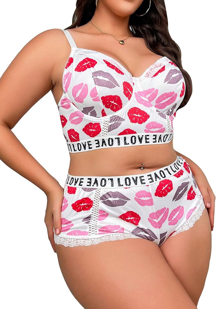 SOLY HUX Women's Plus Size Lingerie Contrast Lace Lip Letter Print Bra and Panty Lingerie Set