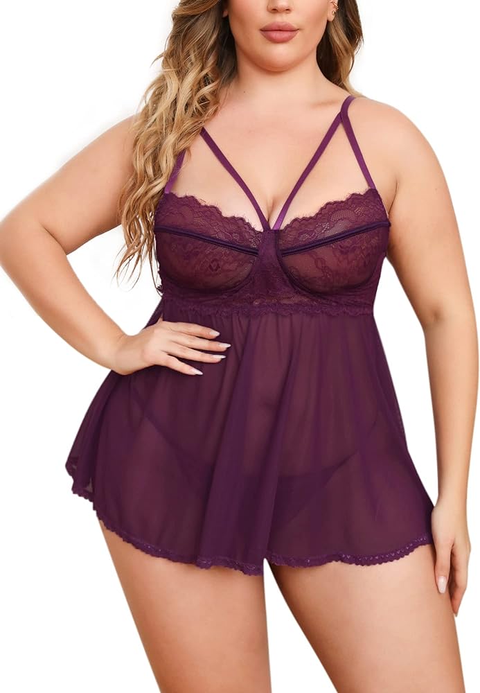 Donnalla Plus Size Lingerie for Women Eyelash Lace Sexy Babydoll Sheer Mesh Sleepwear Dress