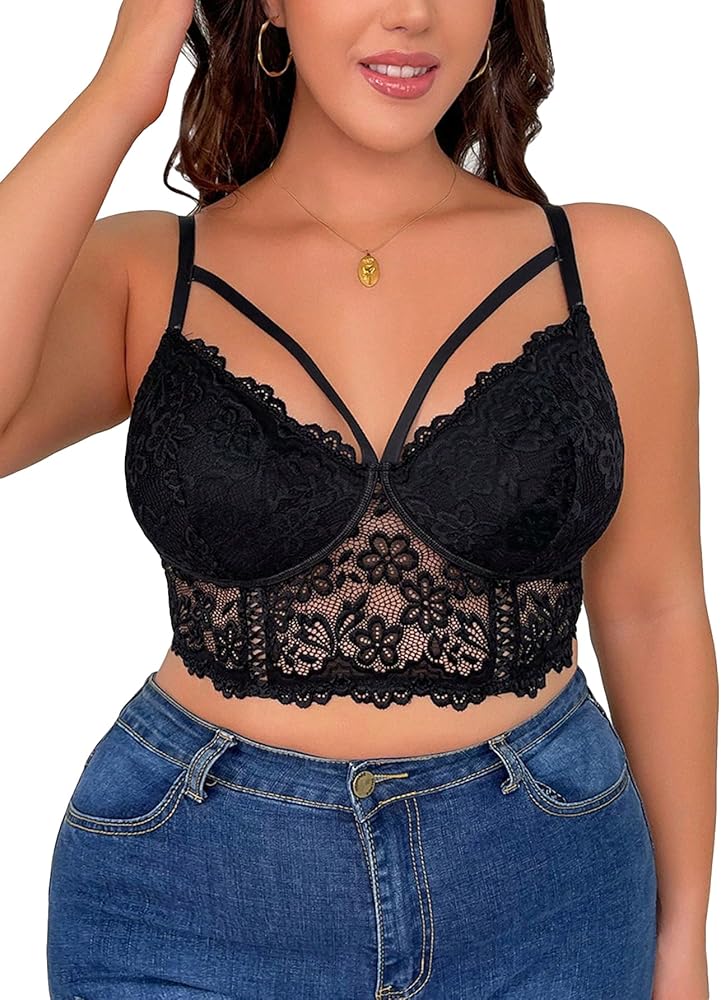 OYOANGLE Women's Plus Size Cut Out Floral Lace Bra Wireless Underwire No Padding Bralette