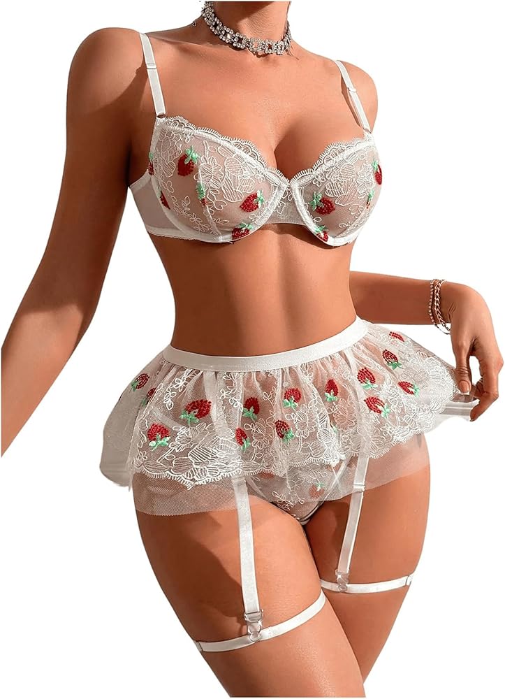 WDIRARA Women's 3 Piece Mesh Sheer Strawberry Embroidery Sexy Lingeries Set with Skirts