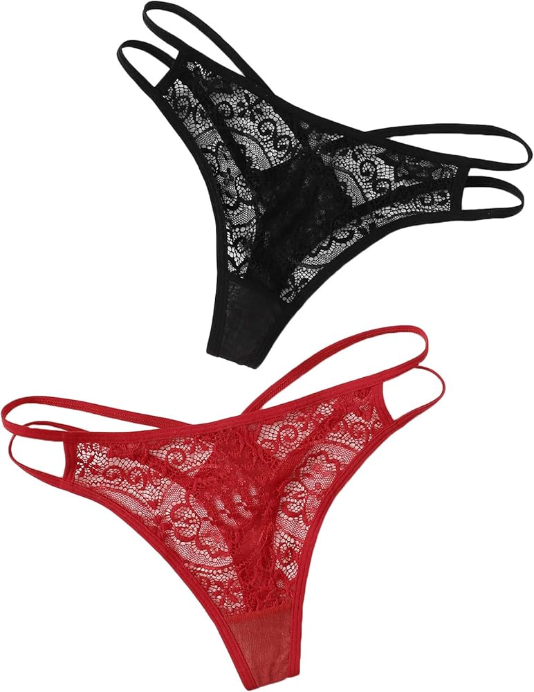 Verdusa Women's 2pack Sheer Floral Lace Strappy Thong Underwear Panty Set Black Red M