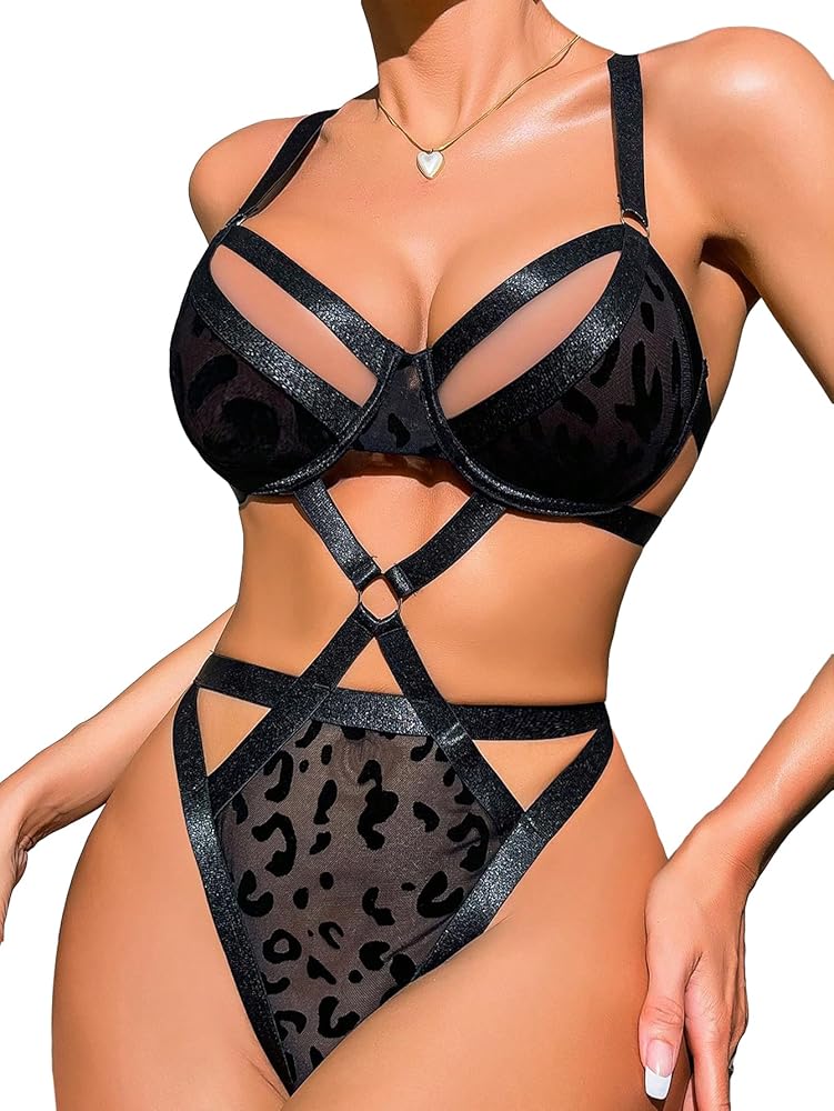 WDIRARA Women's Leopard Print Cut Out Mesh Ring Linked Underwire Lingerie Teddy Bodysuit