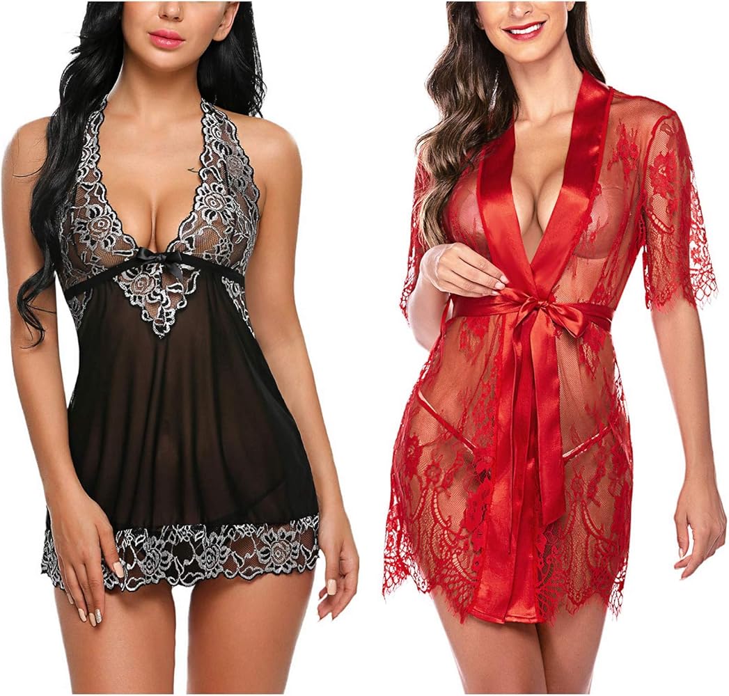 Avidlove Women Babydoll Lingerie(Black,Large) and Women Kimono Robe(Red,Large)