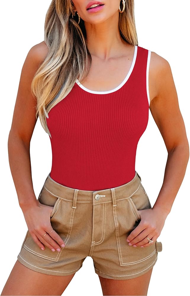 luvamia Tank Top Bodysuit for Women Ribbed Tank Body Suits Sleeveless Scoop Neck Color Block Summer Bodysuits Shirt Tops