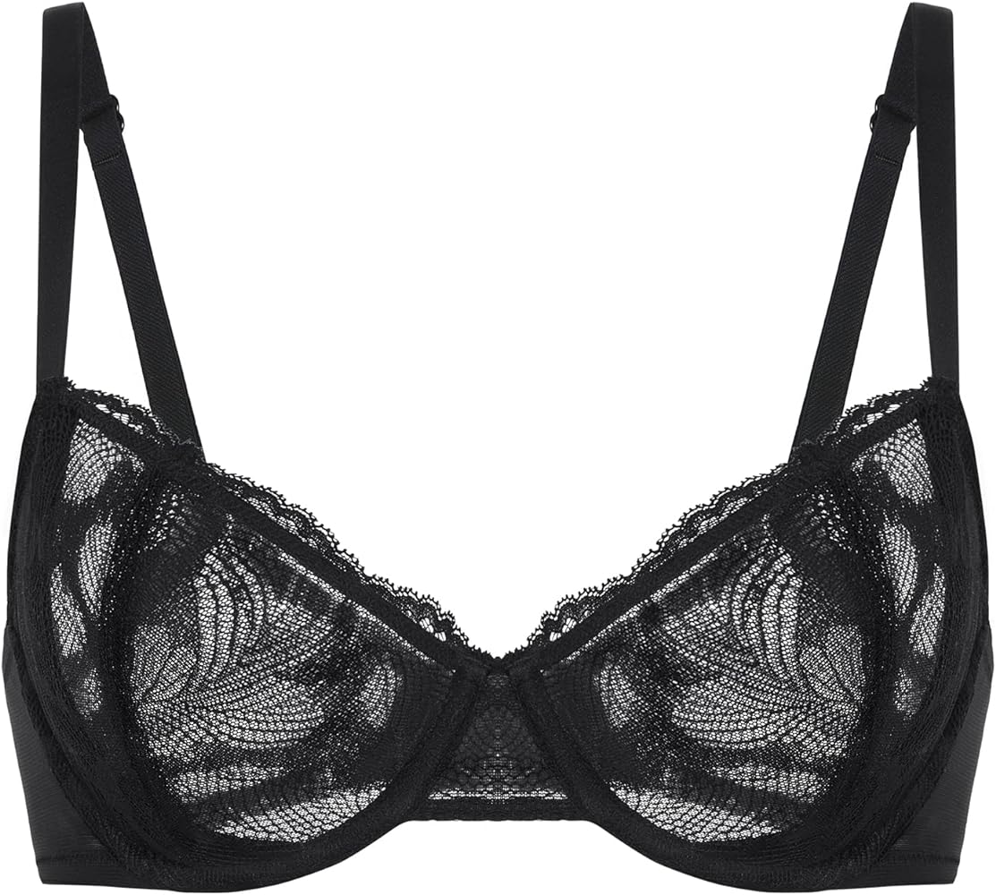 DELIMIRA Women's Balconette Bra Plus Size Lace Sexy Underwire Unlined Push Up See Through Bras