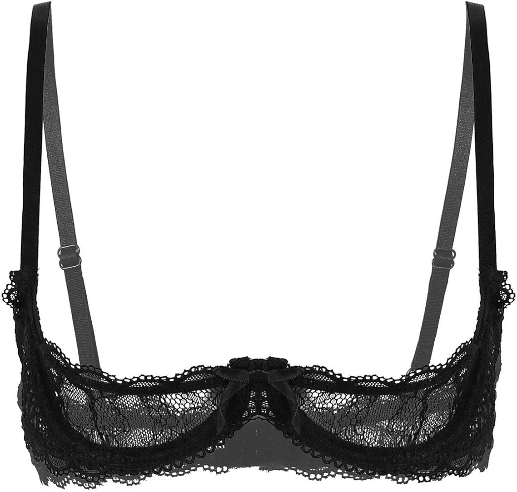 ACSUSS Womens Lace Sheer Lingerie 1/4 Cups Bare Exposed Breast Underwire Push Up Bra Tops