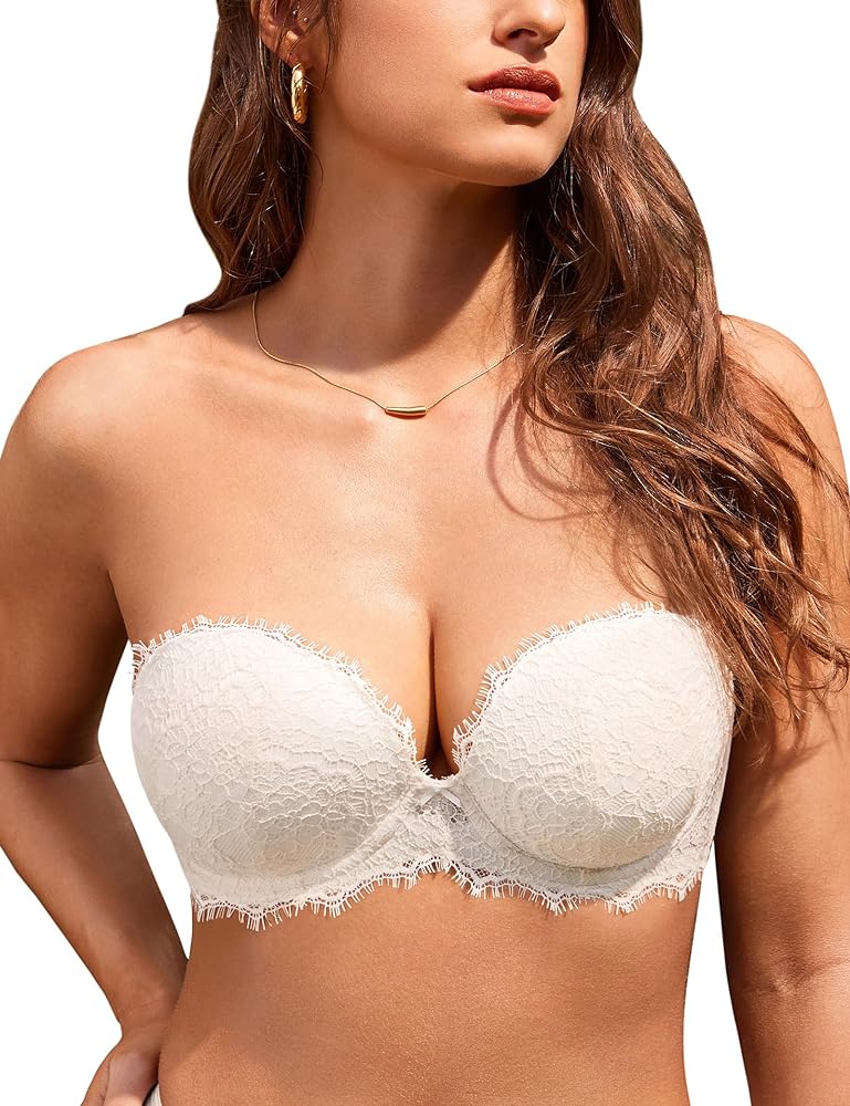 DOBREVA Women's Strapless Push Up Bra Lace Plus Size Plunge Padded Underwire Bras Add 1 Cup