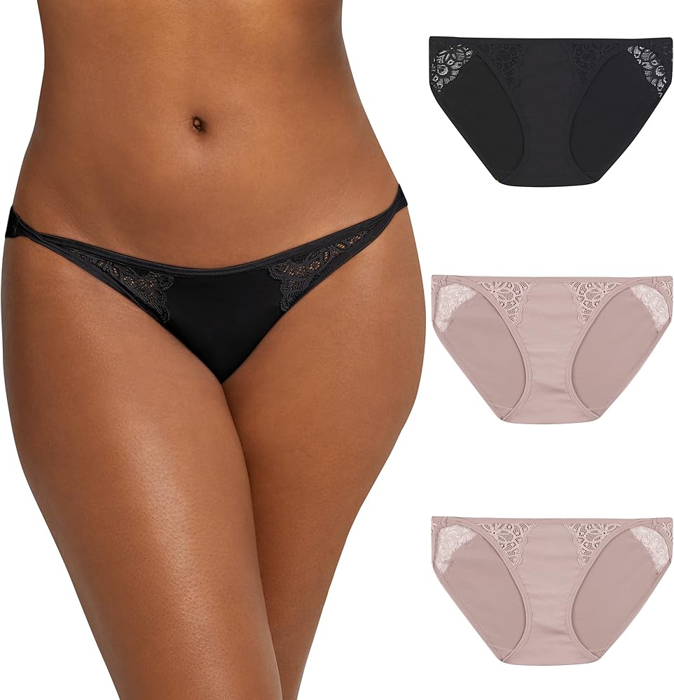 Maidenform Women's M String Bikini Panties with Lace Accents, Bikini Underwear for Women, 3-Pack