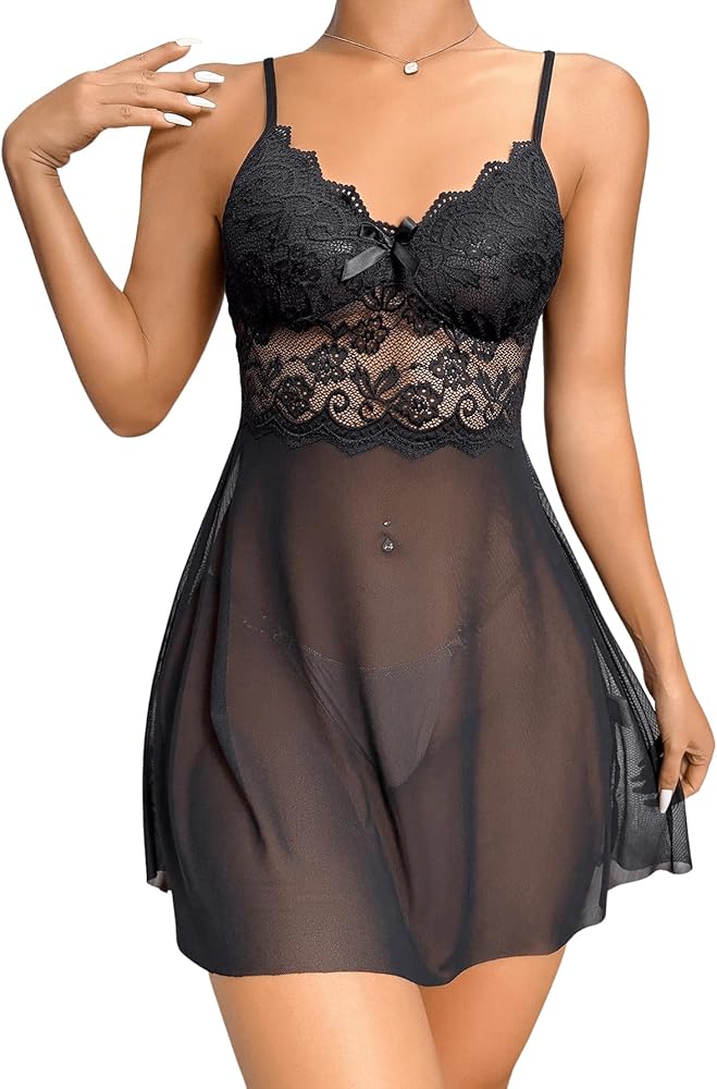 SOLY HUX Women's Sexy Lace Trim Mesh Sheer Nightgowns Slip Cami Mini Dress Sleepwear