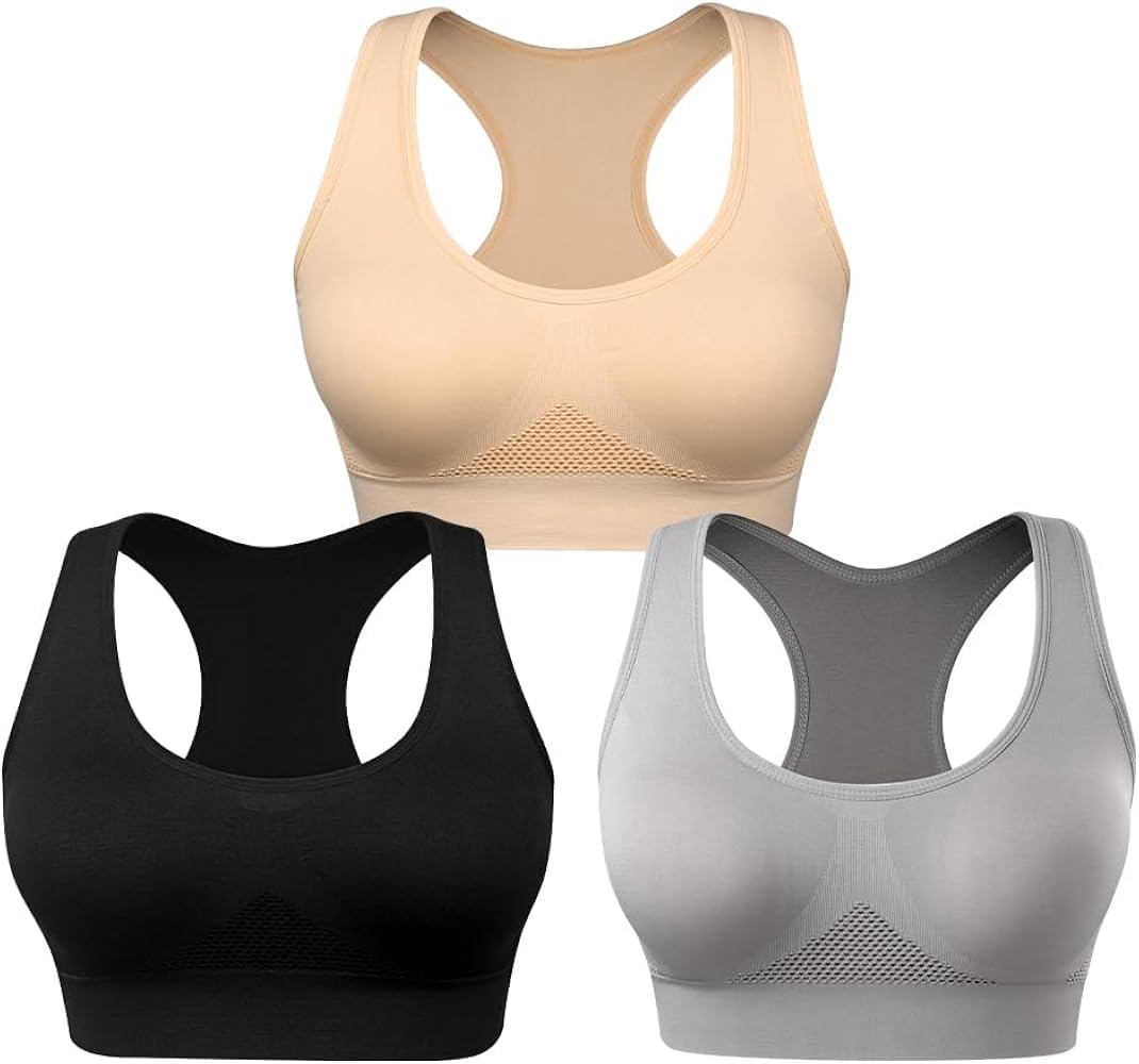 WANAYOU Racerback Sports Bra for Women - Comfortable Sleep Bra Seamless Workout Yoga Bra (X-Large, 3 Pack Black/Flesh/Purple)