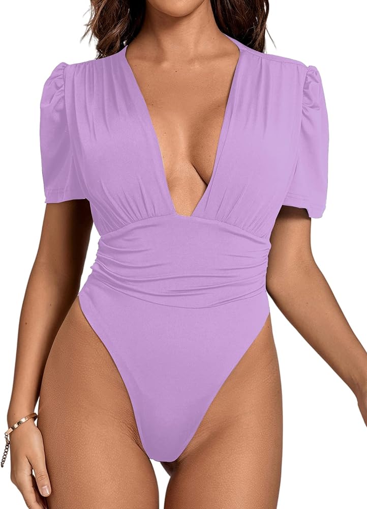 LYANER Women's Sexy Plunging V Neck Ruched Pleated Puff Short Sleeve Bodysuit Leotard Top