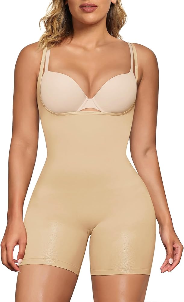 SHAPERX Women's Open Bust Tummy Control Shapewear Bodysuit Seamless Mid-Thigh Body Shaper for a Snatched Waist