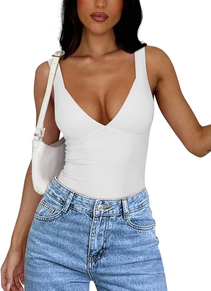 REORIA Womens V Neck Bodysuits Summer Sleeveless Double Lined Tank Going Out Fashion Tops 2024 Trendy