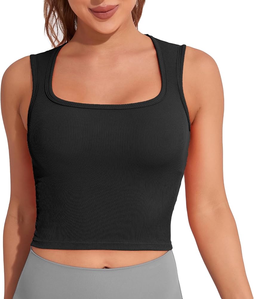 DaiLiWei Square Neck Longline Sports Bras Ribbed Workout Tank Tops for Women with Built in Bra Padded Sleeveless Shirts Yoga