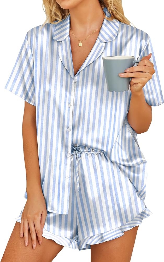 HOTOUCH Womens Satin Pajamas Set Button Down 2 Piece Silk Pjs Shorts Set Ruffle Lingerie Notch Collar Sleepwear