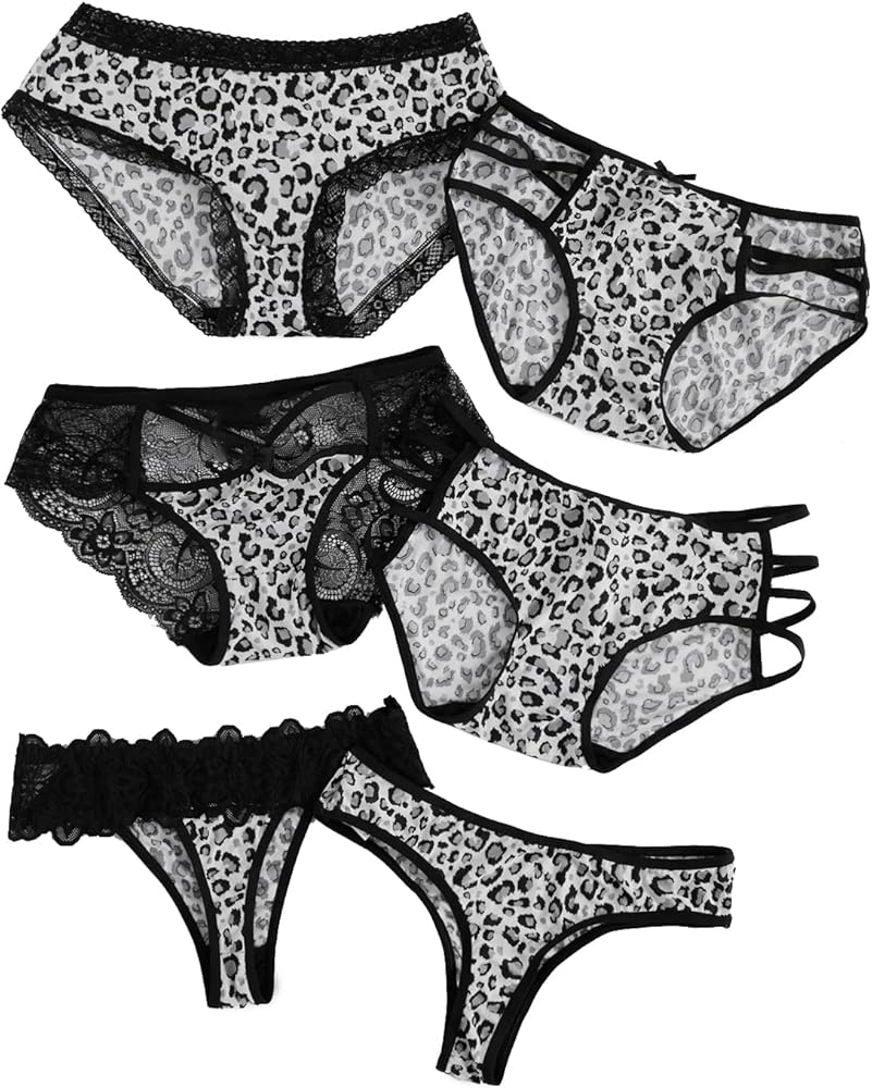 MakeMeChic Women's 6 Packs Sexy Bikini Underwear Leopard Print Lingerie Contrast Lace Thong Panties