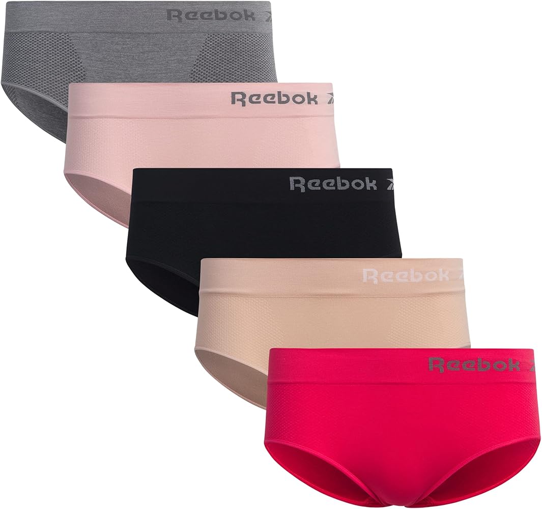 Reebok Women's Hipster Panties - 5 Pack Breathable Stretch Performance Hipster Briefs - Seamless Underwear for Women (S-XL), Size Medium, Sharkskin/Dusty Pink/Black/Nude/Rasberry Pink