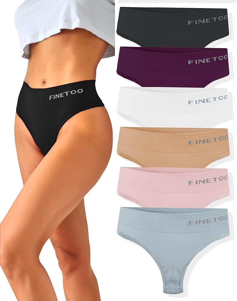 FINETOO 6 Pack High Waisted Thongs for Women, Nylon Spandex Panties Breathable Soft Stretchy Underwear High Rise S-XL