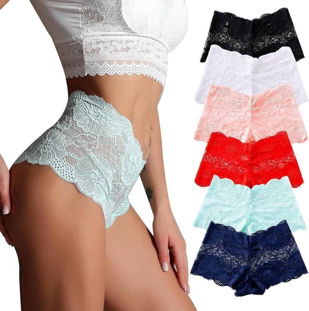 Lace Thong Cheeky Underwear for Women Seamless Bonded Boyshorts Full Coverage Hipster Panties 6 packs