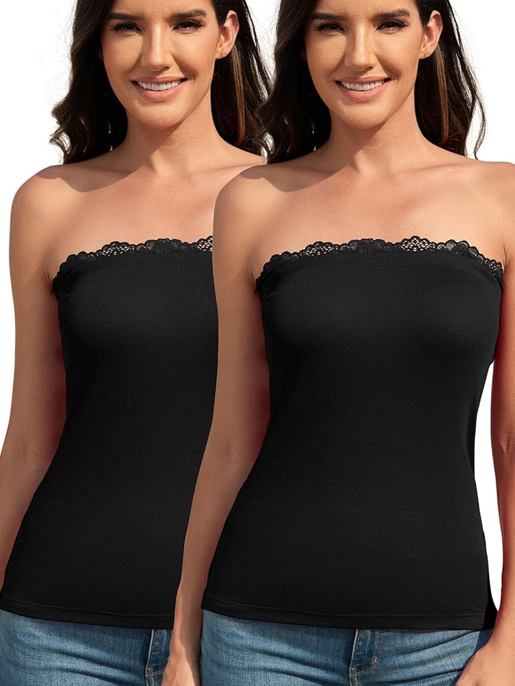 2 Pack Strapless Tube Tops for Women Lace Bandeau Top Long Ribbed Full Length Top No Bra