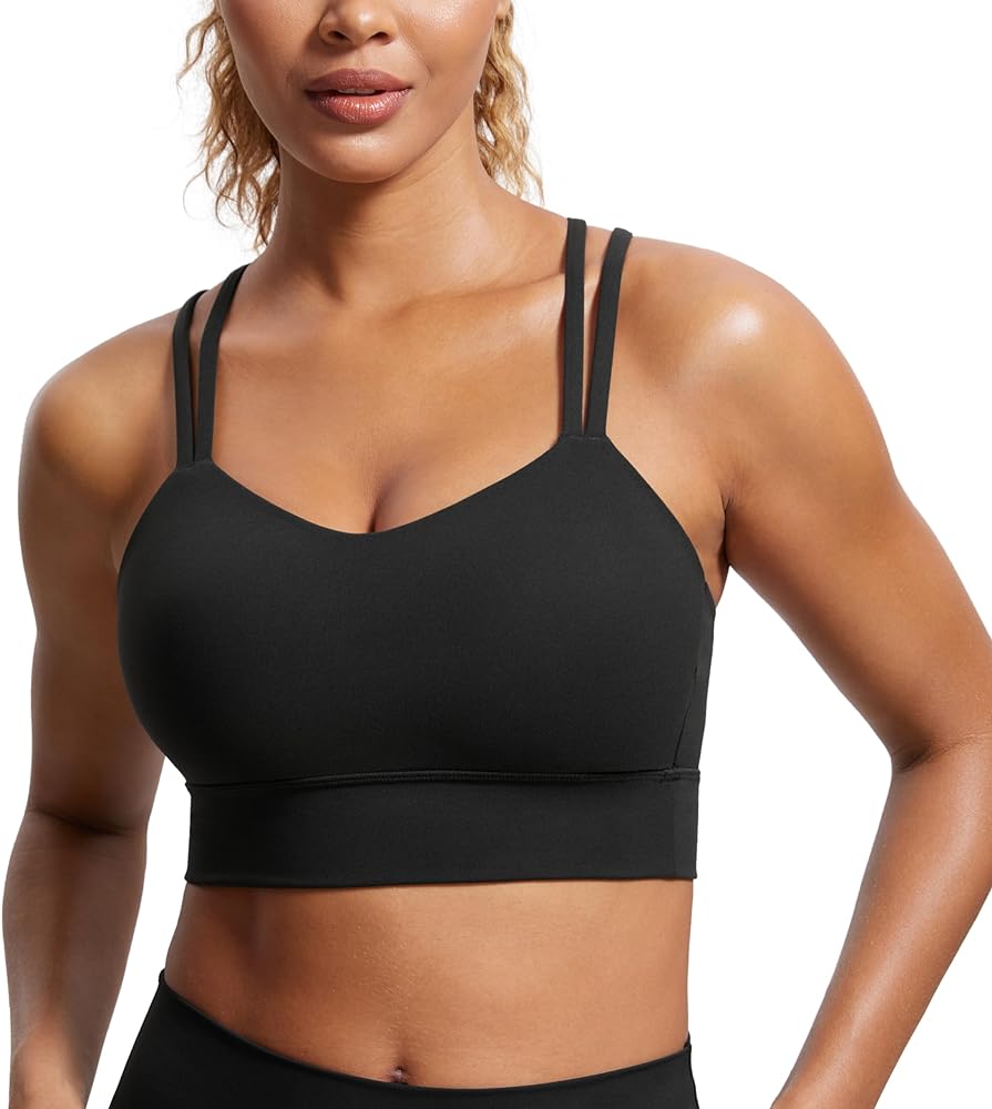 CRZ YOGA Womens Butterluxe Strappy Longline Sports Bra - Molded Cup Double Spaghetti Strap Workout Bra Yoga Crop Tank Top