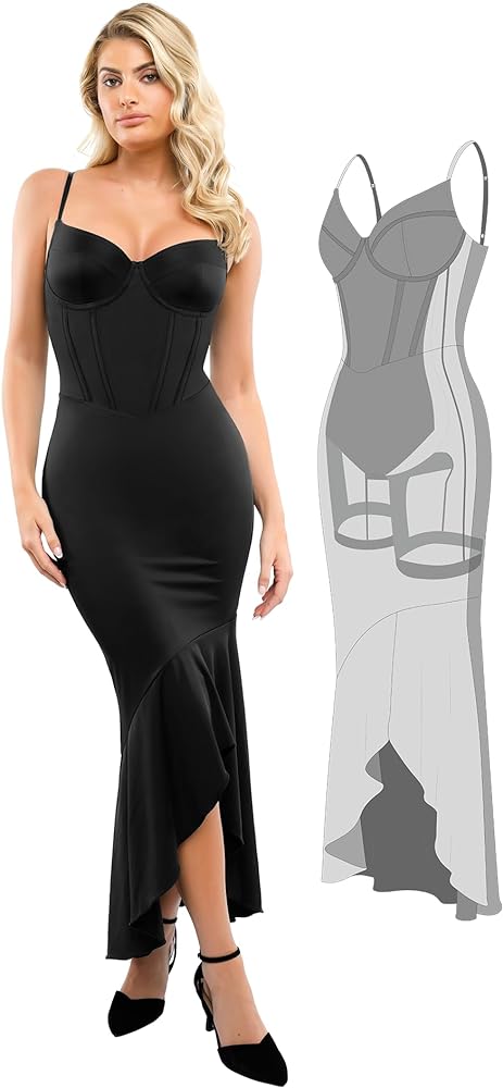 Popilush Corset Dress Built in Shapewear - Formal Dress for Women Deep V Neck Maxi Slip Bridesmaid Dresses for Wedding