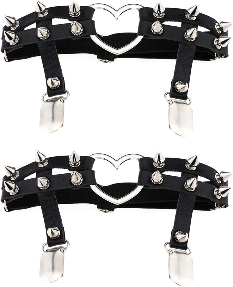 Women Girl Heart Garters Gothic Sexy Punk Rock Rivet Stud Leg Leather Ring Garters 2pcs