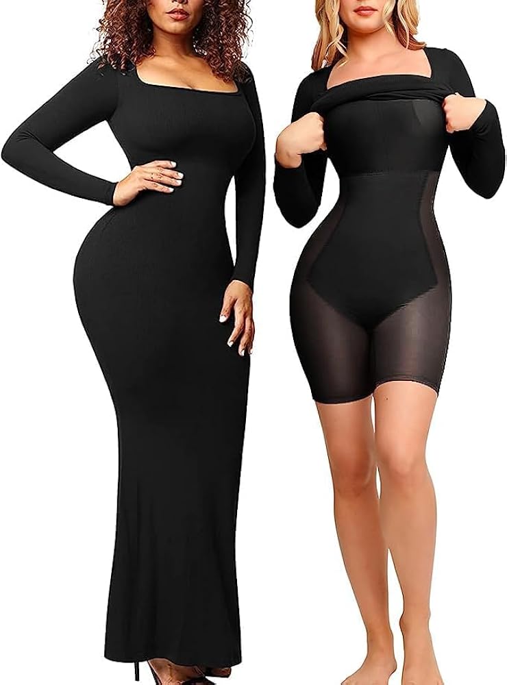 Popilush The Shapewear Dress Corset Dress Built in Shaper Women Lounge Long Sleeve Maxi Dress