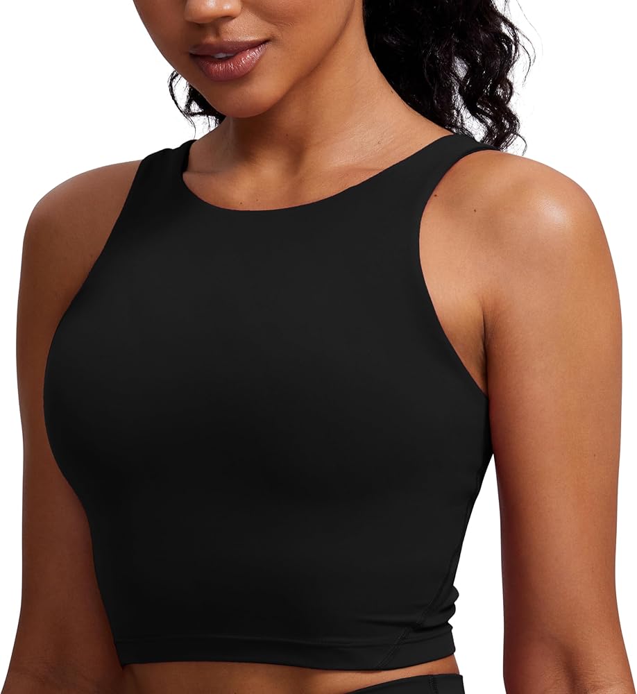 CRZ YOGA Butterluxe Womens High Neck Longline Sports Bra - U Back Padded Crop Workout Tank Top with Built in Bra