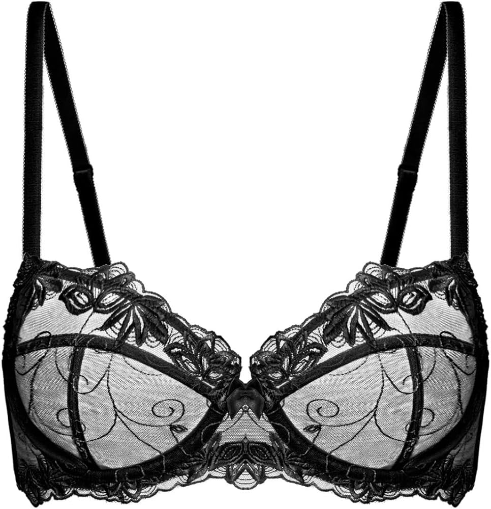 Deyllo Women's Lace Bra Plus Size Underwire Embroidered Unlined Bra See Through Non Padded