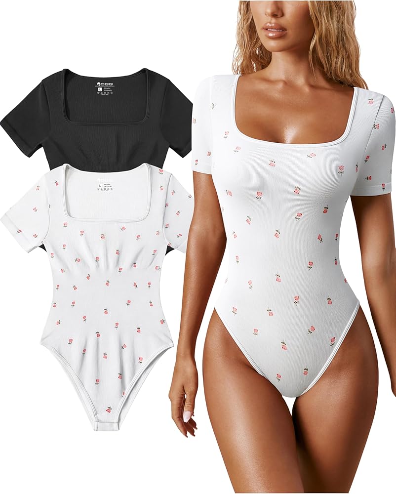 OQQ Women's 2 Piece Bodysuits Sexy Ribbed One Piece Square Neck Short Sleeve Bodysuits