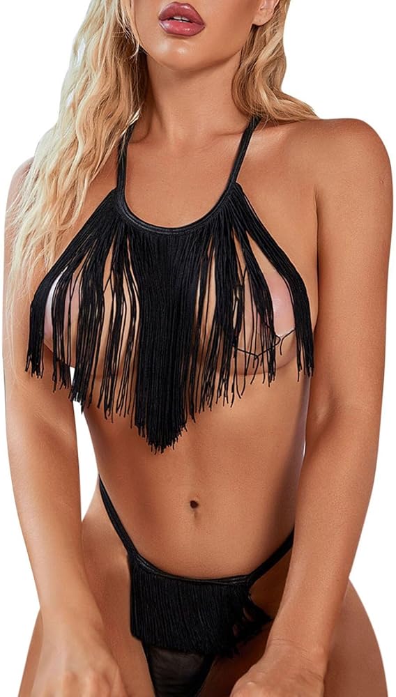 Women's Fringe Floral Mesh Sheer Lingerie Chain Babydoll Tassels Bra and Panty Sets Two Piece Sleepwear Lingerie Underwear Wireless Lace Bra and Panty Set Bralette Sleepwear Teddy Black XX-Large H