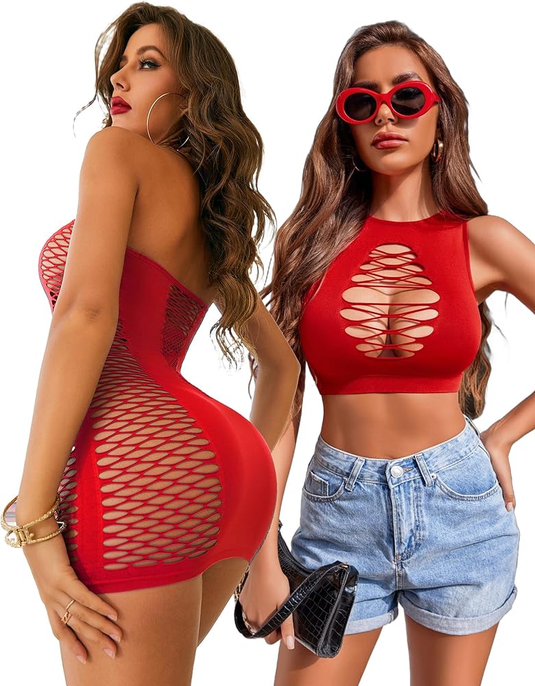 Avidlove Womens Lingerie Fishnet Dress and fisnet crop tank top Red