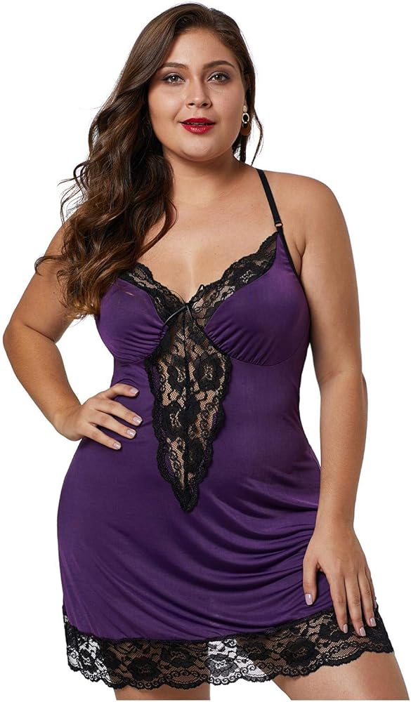 Women Sexy Plus Size Babydoll Chemise Back Crisscross Lace Trim Sleepwear Dress Nightwear Lingerie