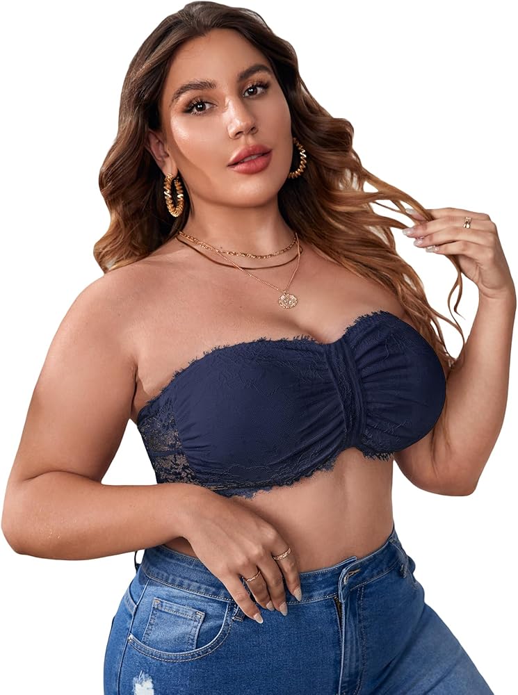 OYOANGLE Women's Plus Size Floral Lace Bralette Tube Top Bras Strapless Bandeau Bras