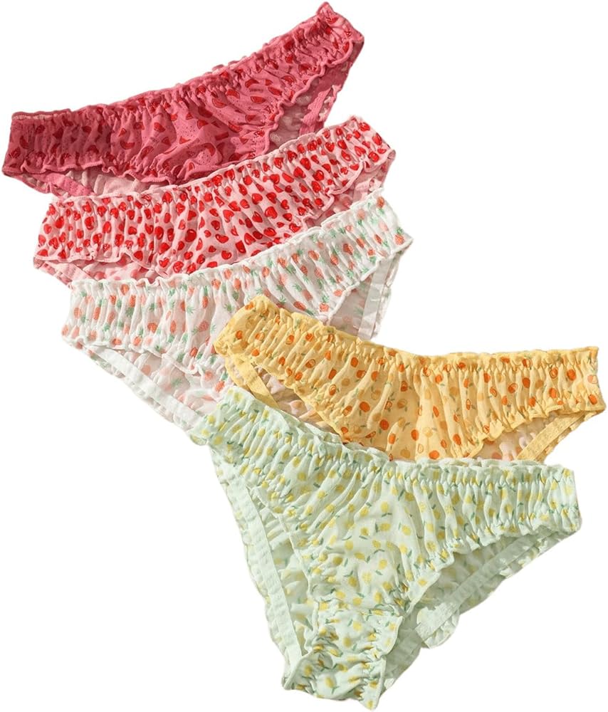 SHENHE Women's 5 Pack Cute Briefs Frilly Lettuce Trim Mid Rise Mesh Panty Sets Underwear